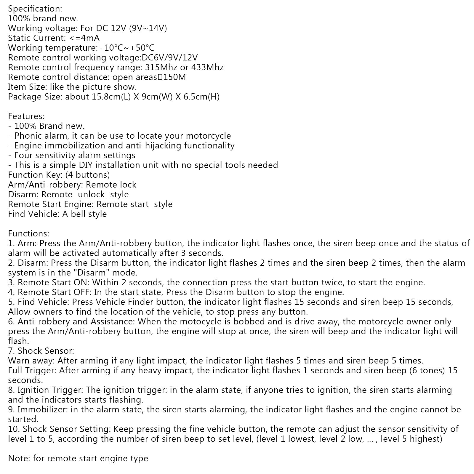 Motorsykkel Scooter Security Alarm System Anti-tyveri Fjernkontrollmotor Start generisk