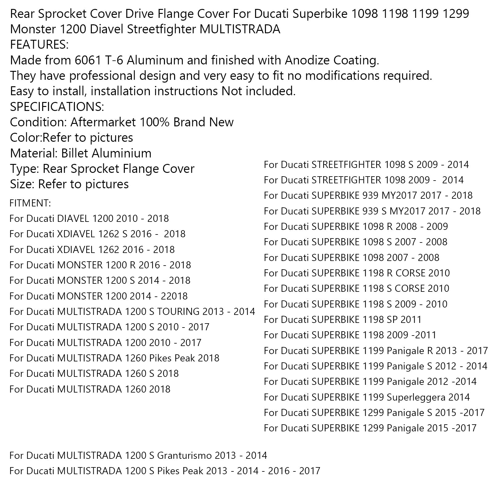 Rear Sprocket Flange Cover For Ducati Superbike 1098 1198 1199 1299 Monster 1200 Generic