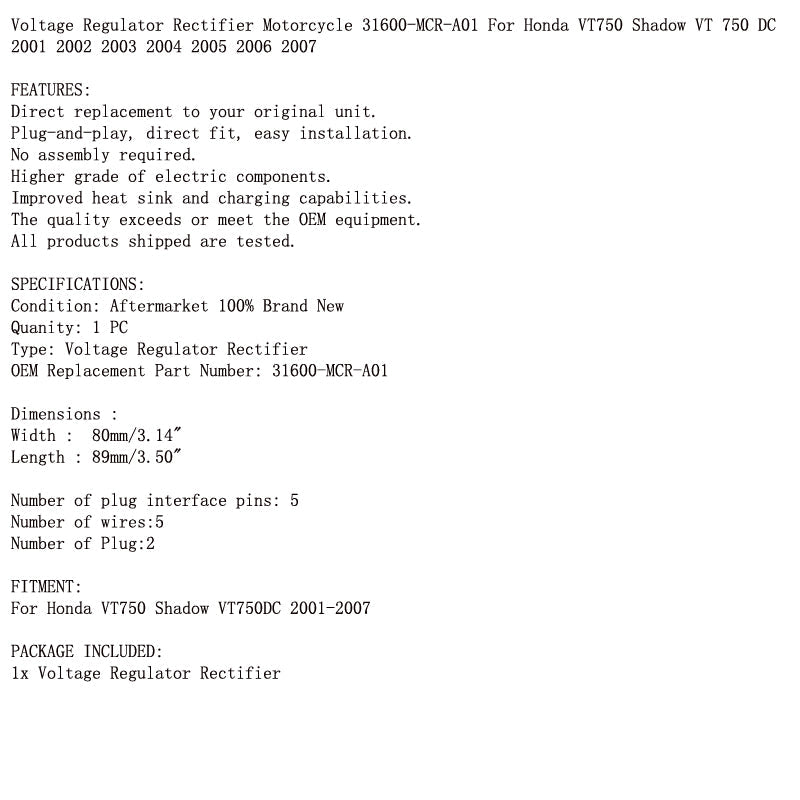 Voltage Regulator Rectifier 31600-MCR-A01 For Honda VT750 Shadow VT750DC 01-07 Generic