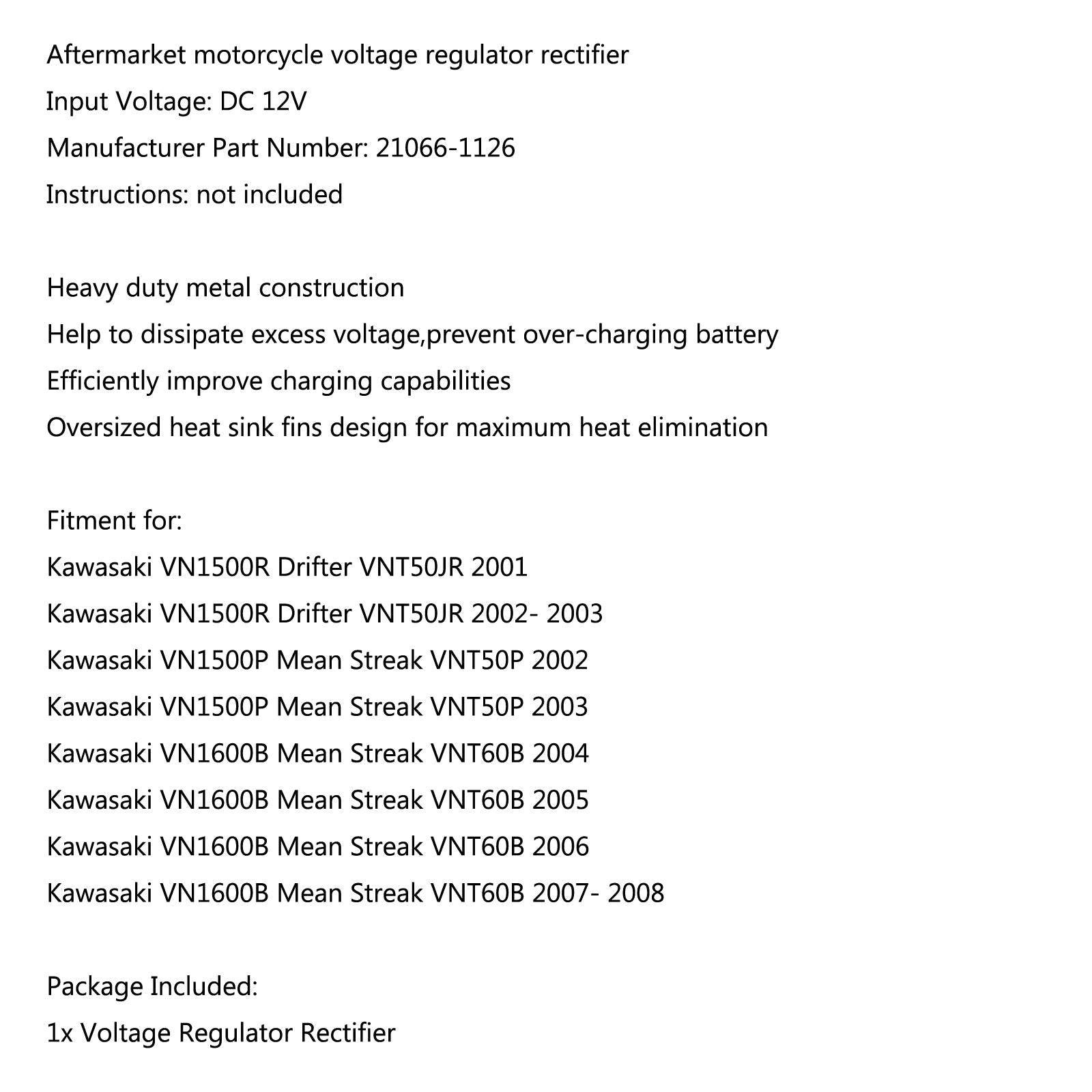 Recretificador do regulador de tensão para Kawasaki VN1600b Mean Streak VNT60B 2004-2008 genérico