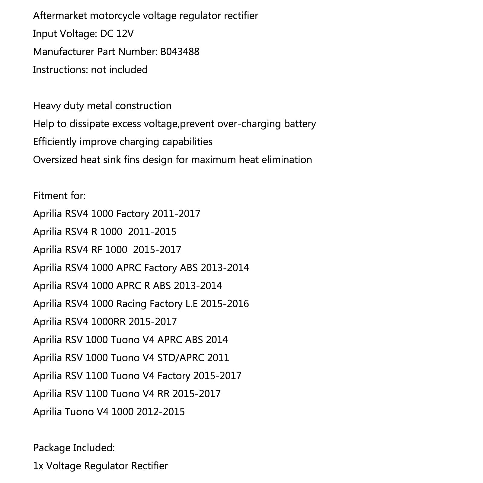 Spenningsregulator likeretter for Aprilia RSV4 1000 Factory 2011-17 Tuono V4 1000 generisk