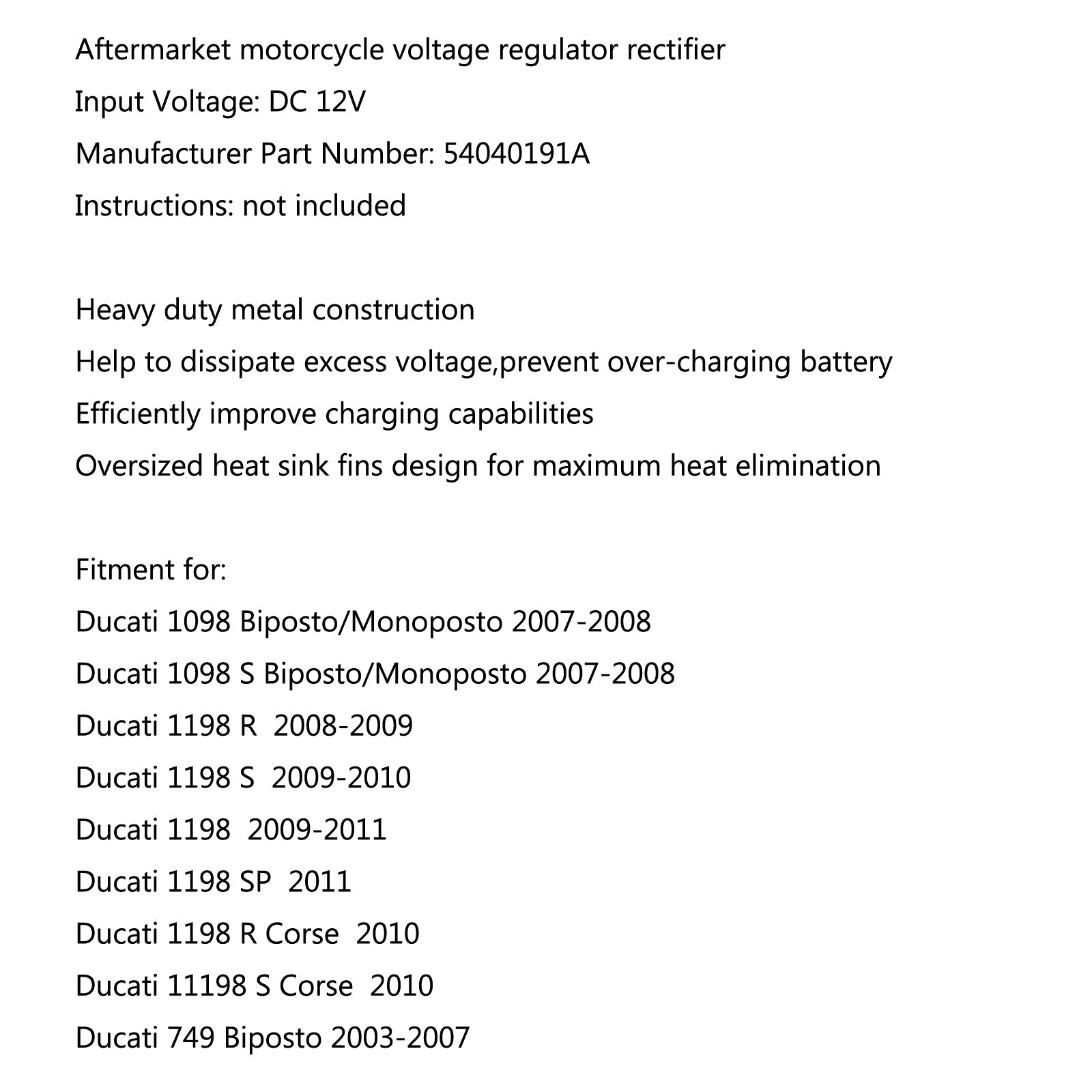 Voltage Regulator Rectifier For Ducati 1098 Biposto/Monoposto 2007-2008 Generic