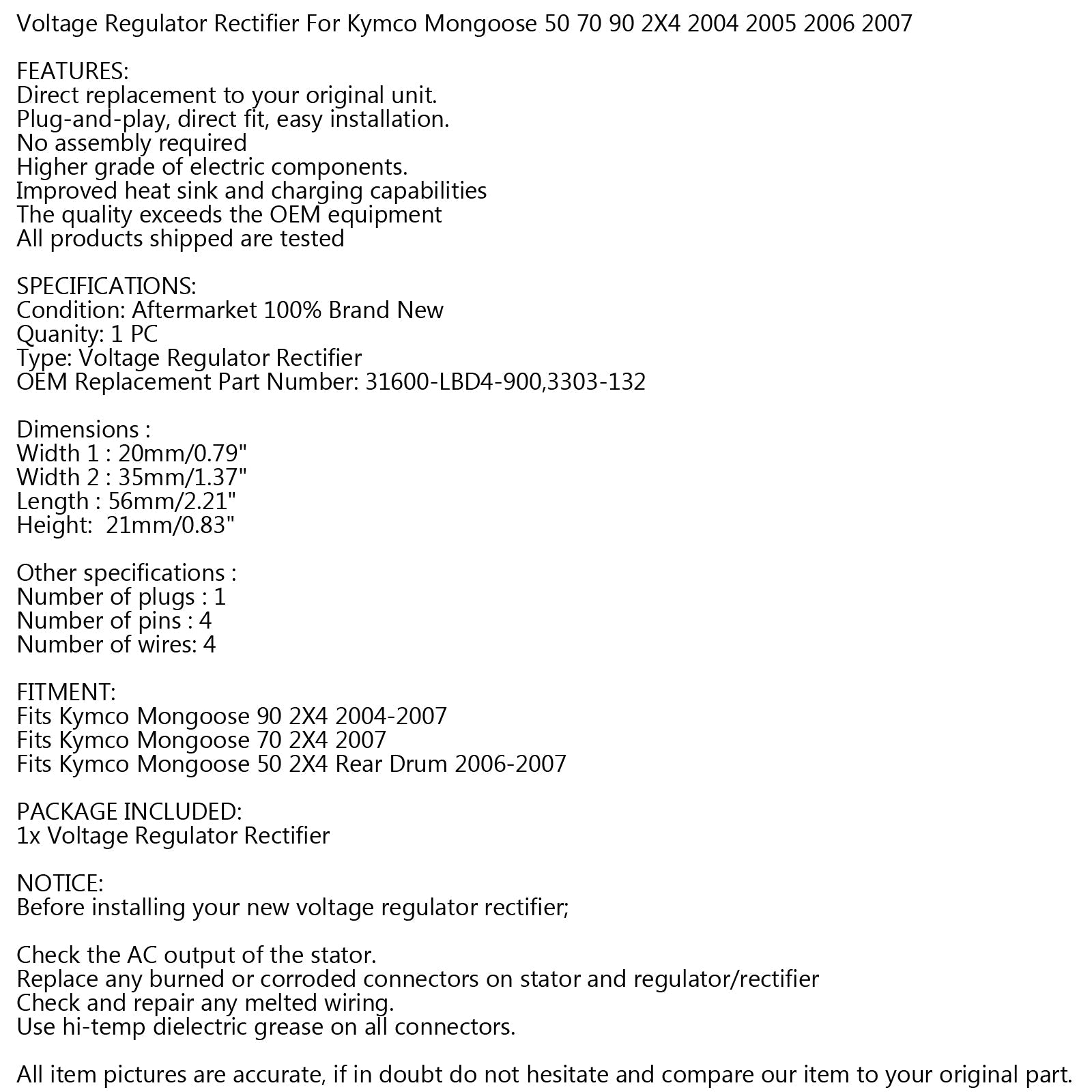 Ny spänningsregulator likriktare 12V för 89cc Kymco Mongoose 50 70 90 2004-2007 Generisk