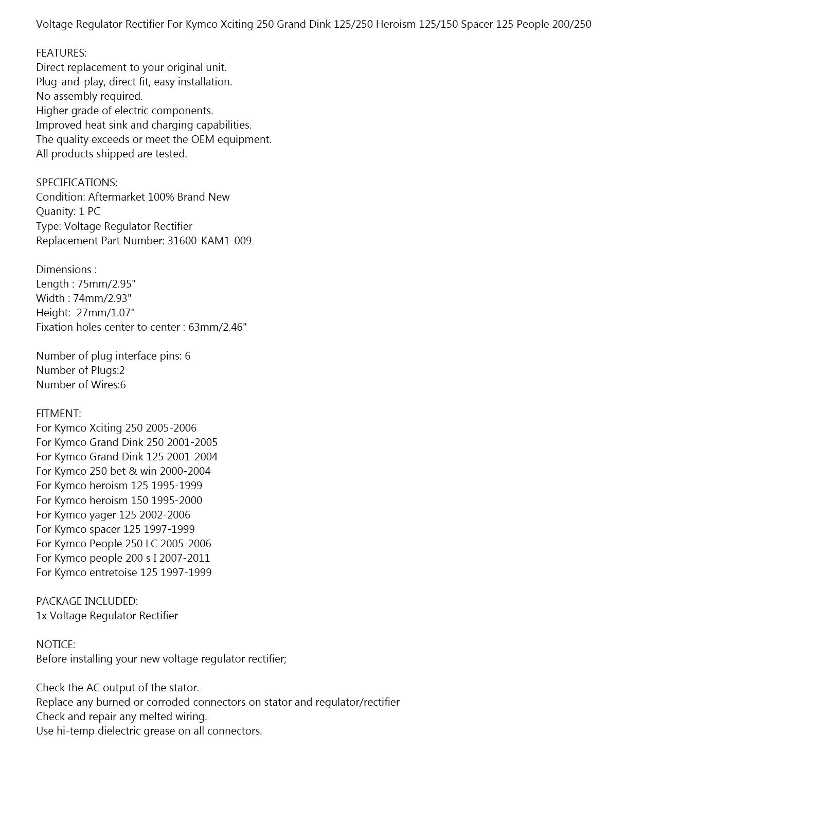 Spännings likriktare för Kymco-personer som xciterar Grand Dink/Vista 250 01-06 Generic