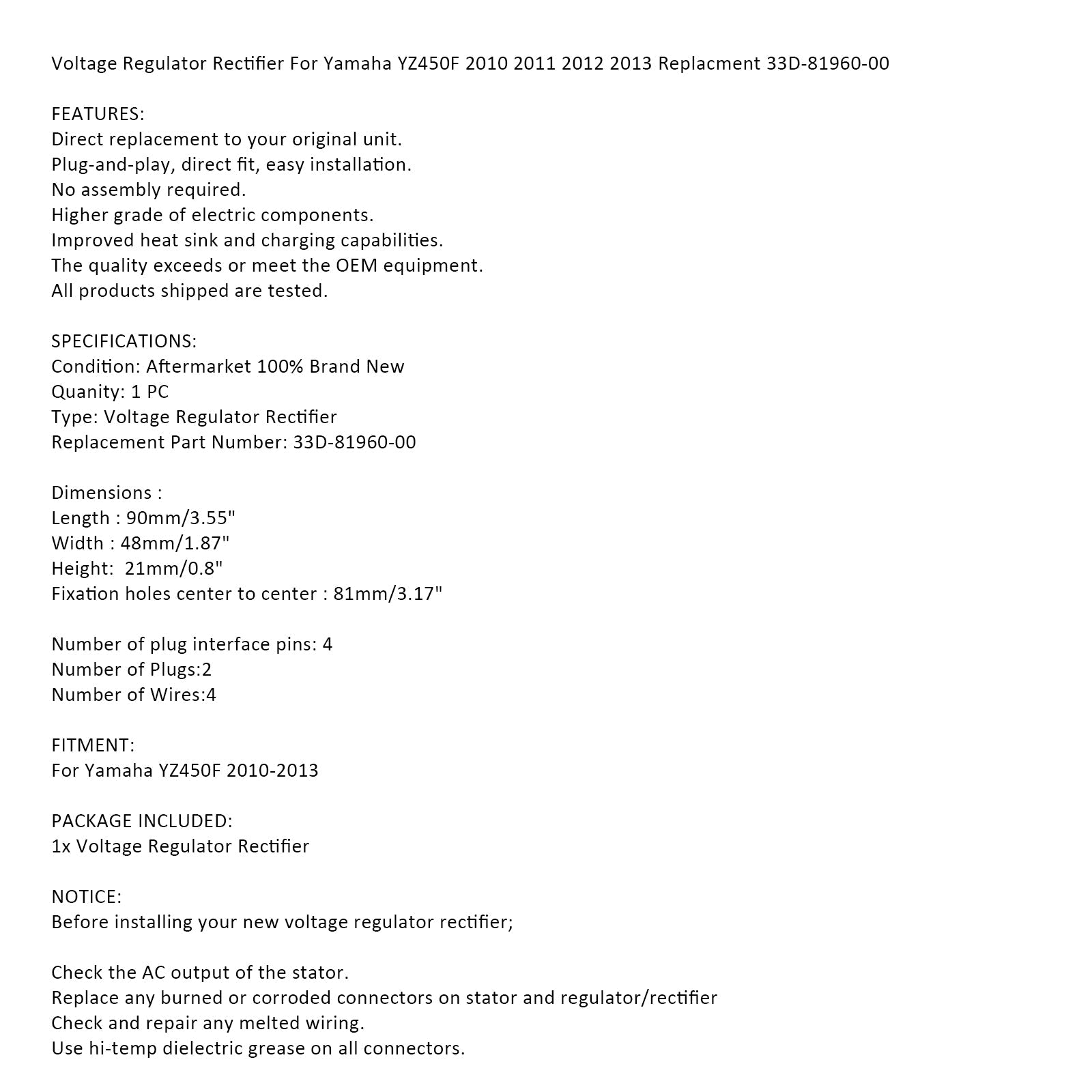 Regulátor napätia usmerňovača pre Yamaha YZ450F 2010-2013 Repl.# 33D-81960-00-00 Generic