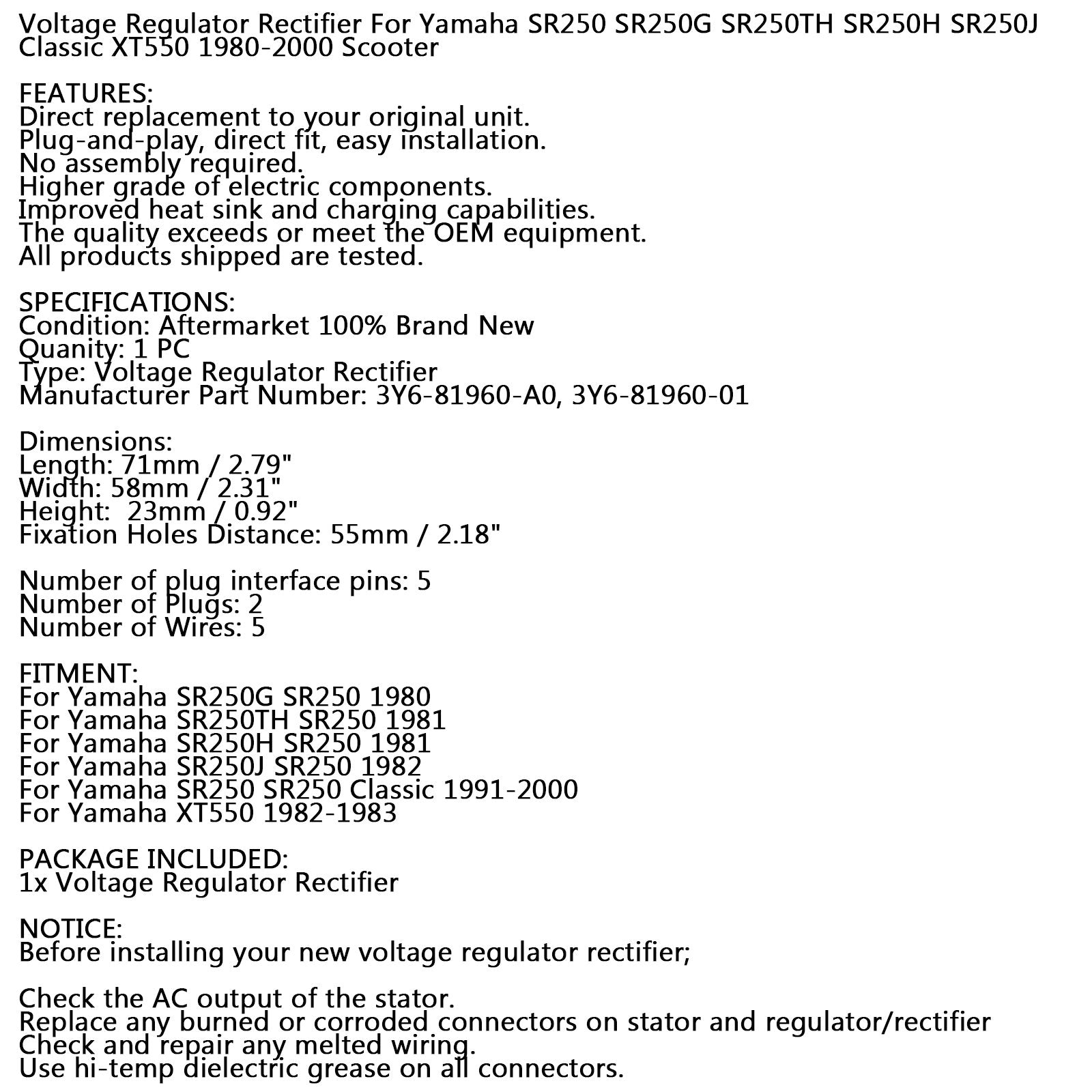 Spännings likriktare regulator för yamaha SR250 g/h/t exciter 250 80-00 XT550 82-83 generisk
