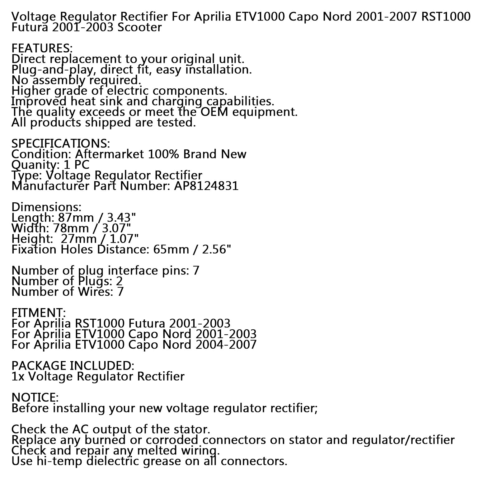 Spänningsregulator för Aprilia Caponord 1000 ETV1000 01-07 FUTURA RST1000 01-03 Generisk