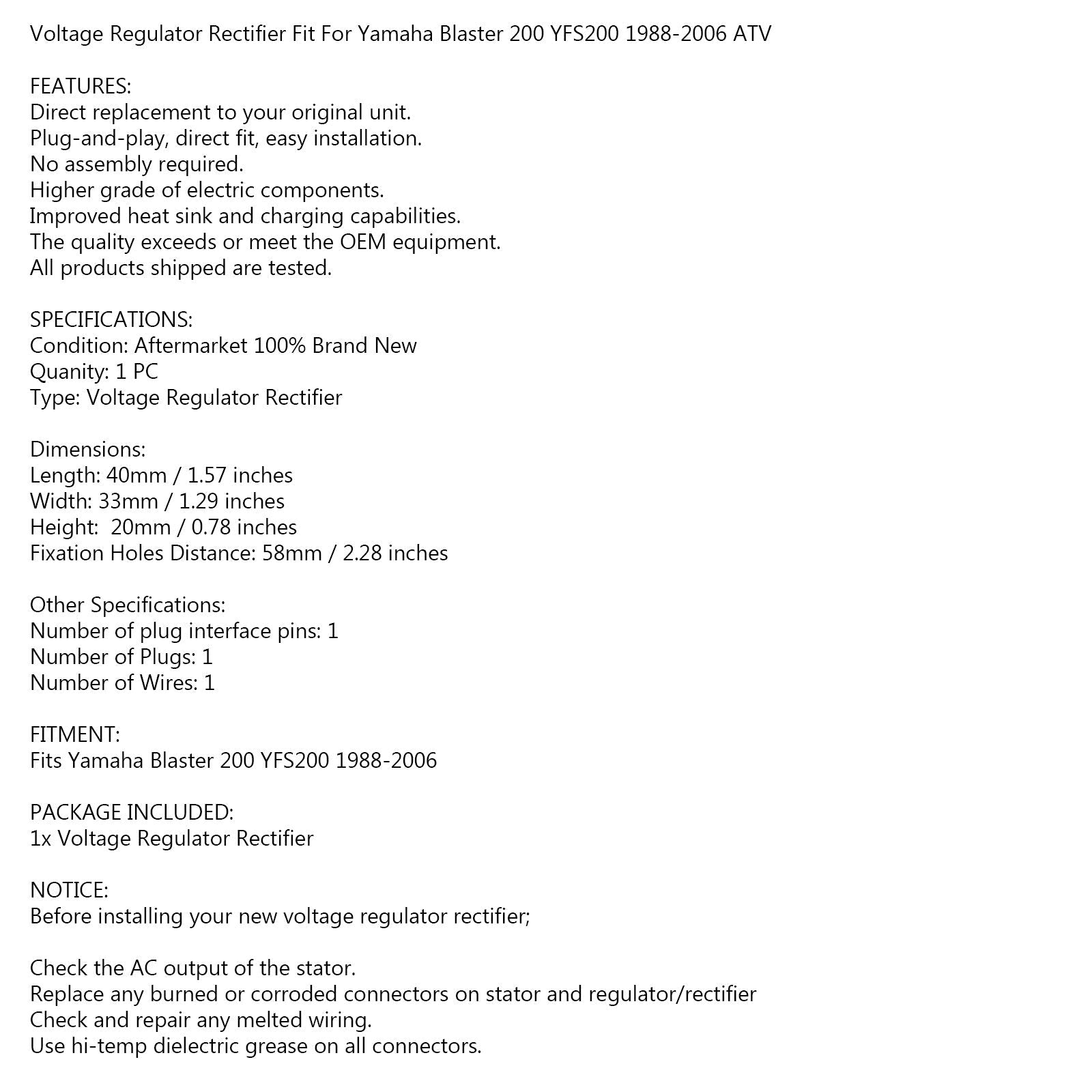 Regulator likriktningsspänning för Yamaha Blaster 200 YFS200 1988-2006 ATV Generic