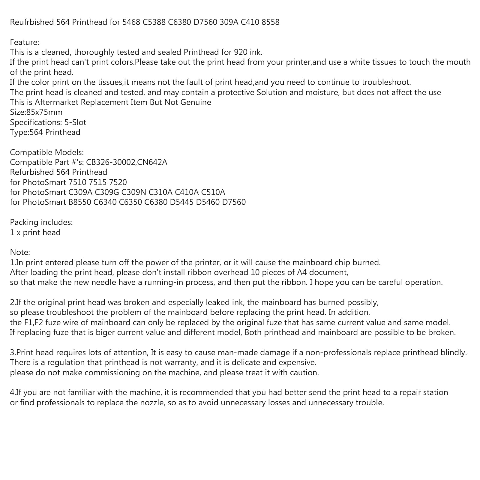 Cabezal de impresión 564 para HP 5468 C5388 C6380 D7560 309A C410 8558 CB326-30002