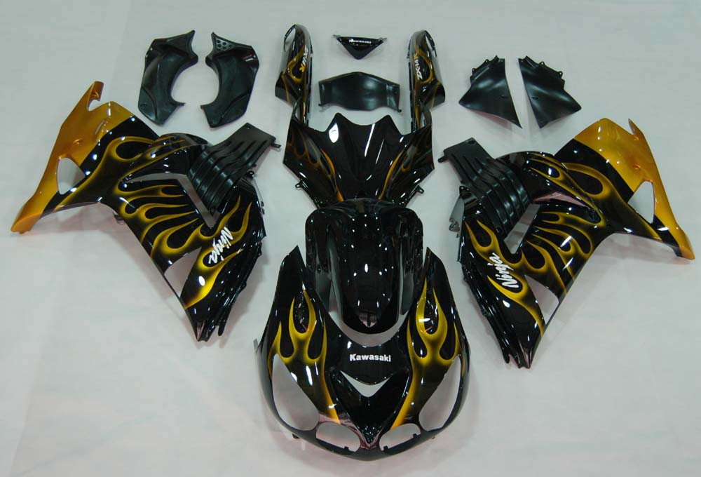 2006-2011 Ninja ZX14R Svart & Gold Flame Karosseri Kåpa ABS Formsprutad Plast Set 6# Generisk