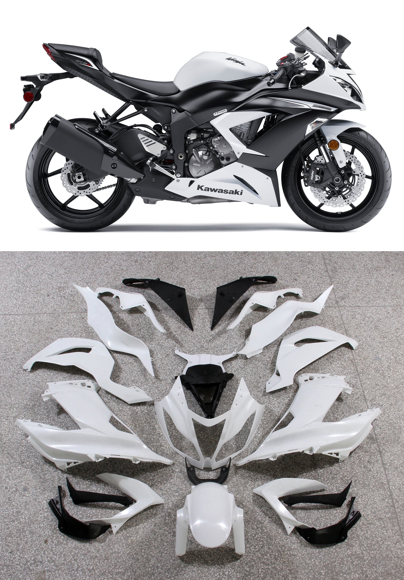 Carénage Kawasaki ZX6R 2013-2018 Blanc&Kit noir