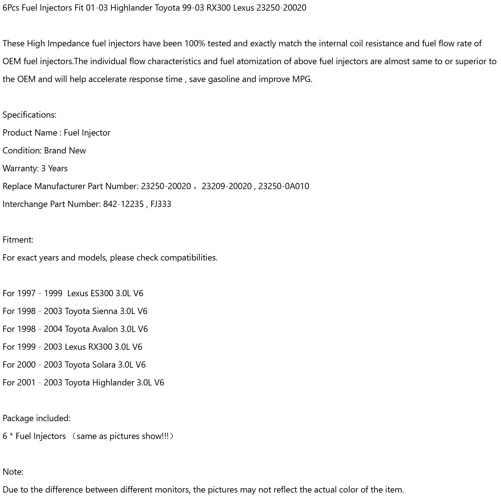 6st bränsleinsprutare passar 01-03 Highlander Toyota 99-03 RX300 Lexus 23250-20020 Generic