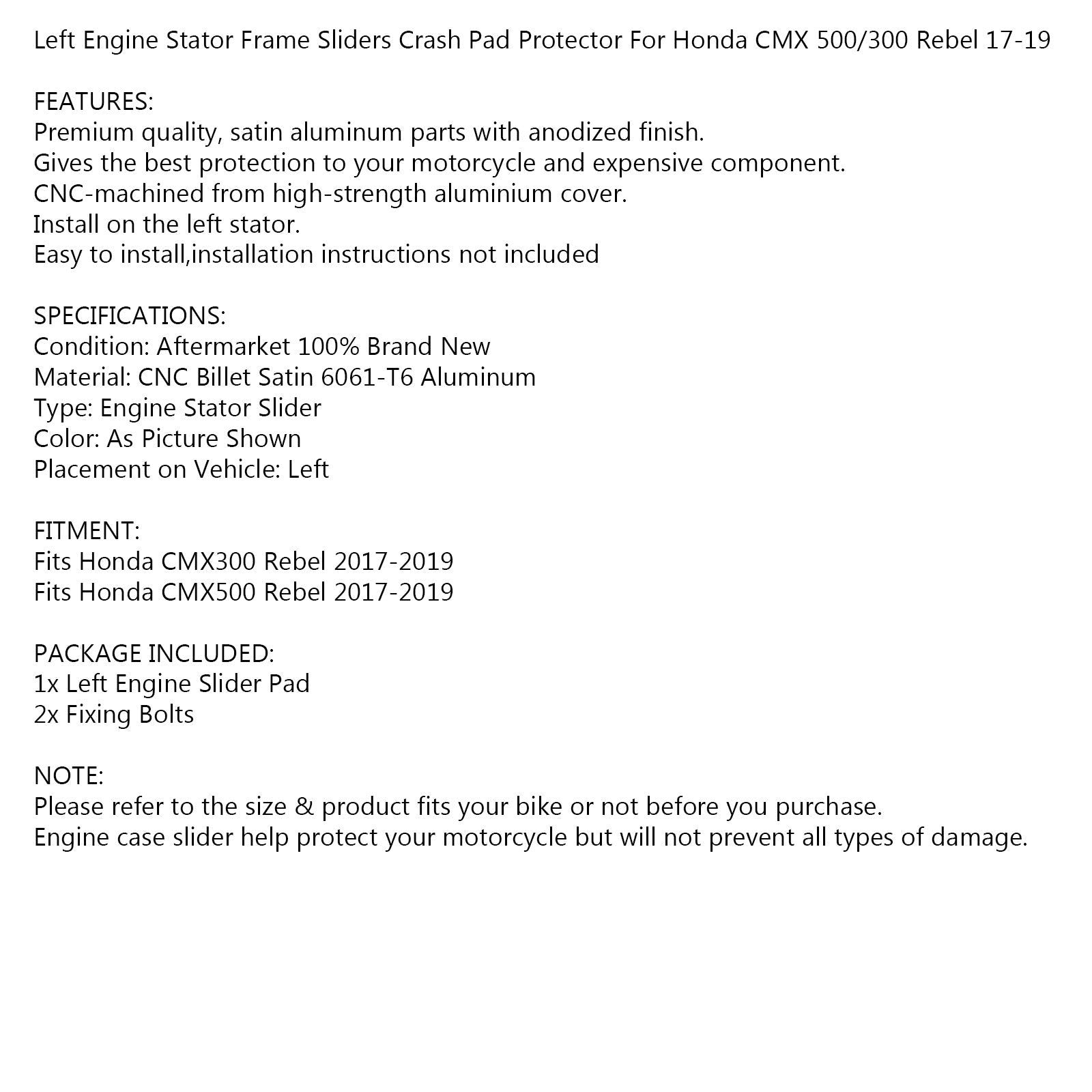 CNC vľavo posúvač na ochranu statora motora pre honda cmx 500/300 rebel 17-19 generic