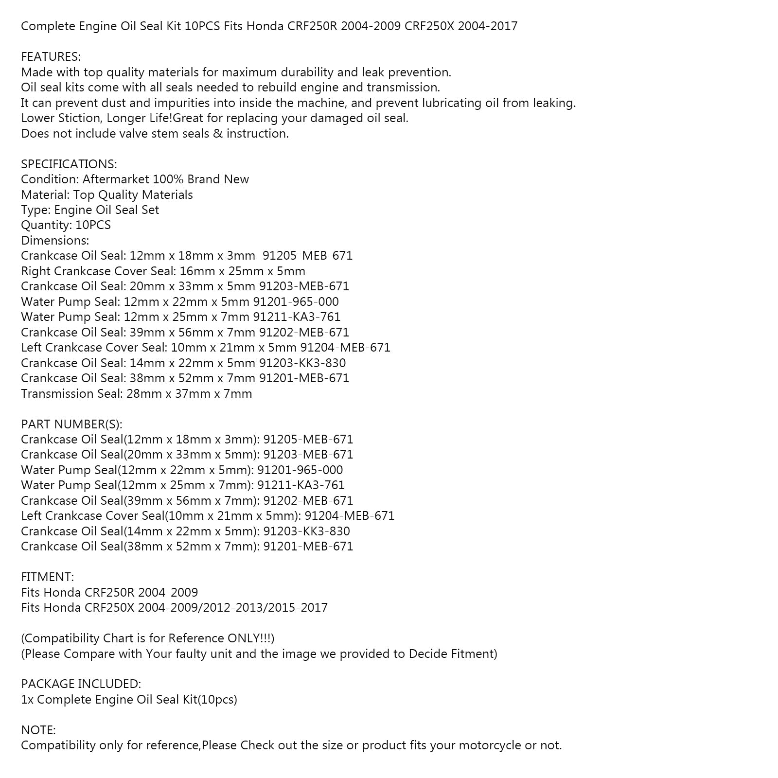 10st-motoroljetätningssats för Honda CRF250R 2004-2009 CRF250X 2004-2017 Generisk