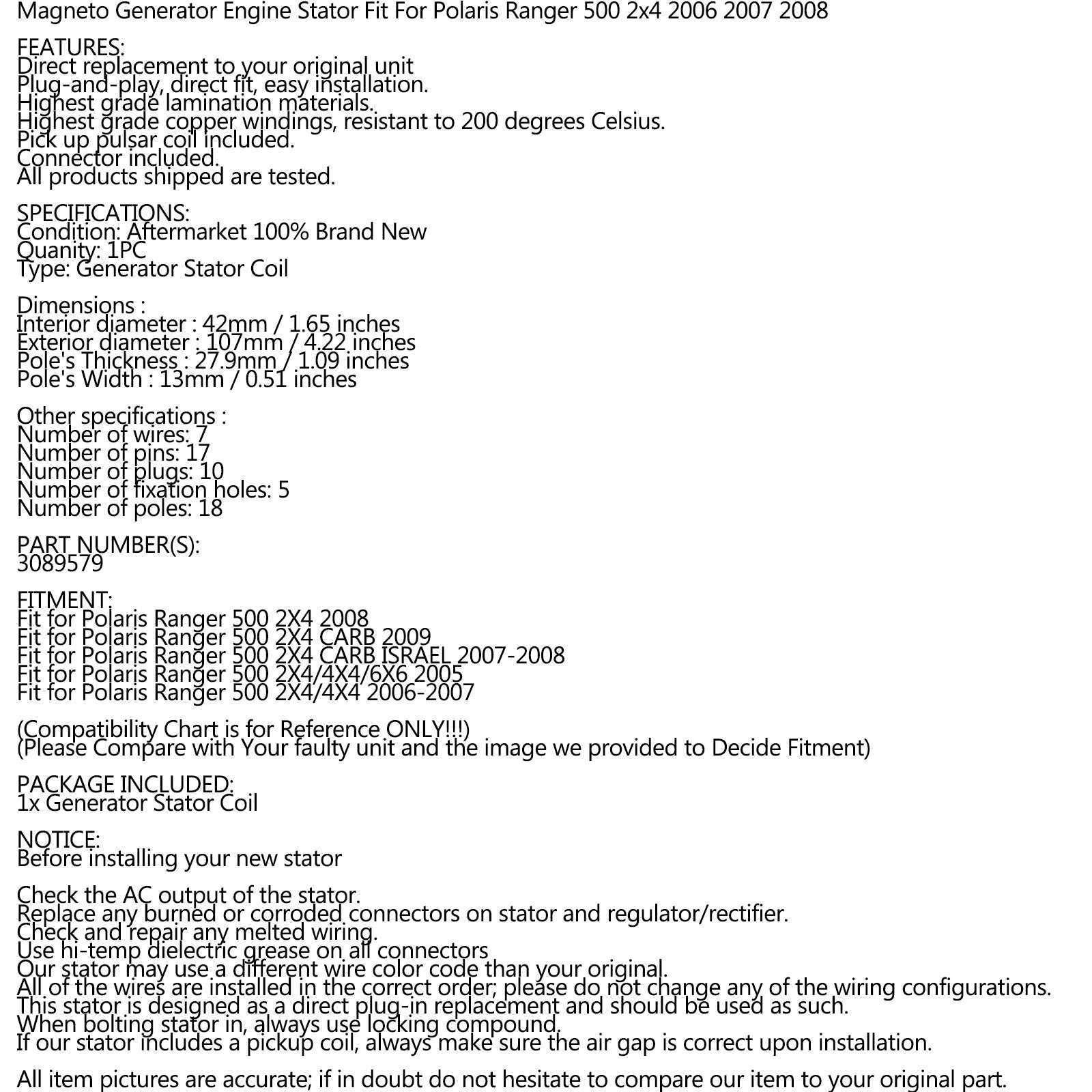 Areyourshop statorgenerator generator passform för Honda Ranger 500 2x4 CARB 2005-2009 3089579