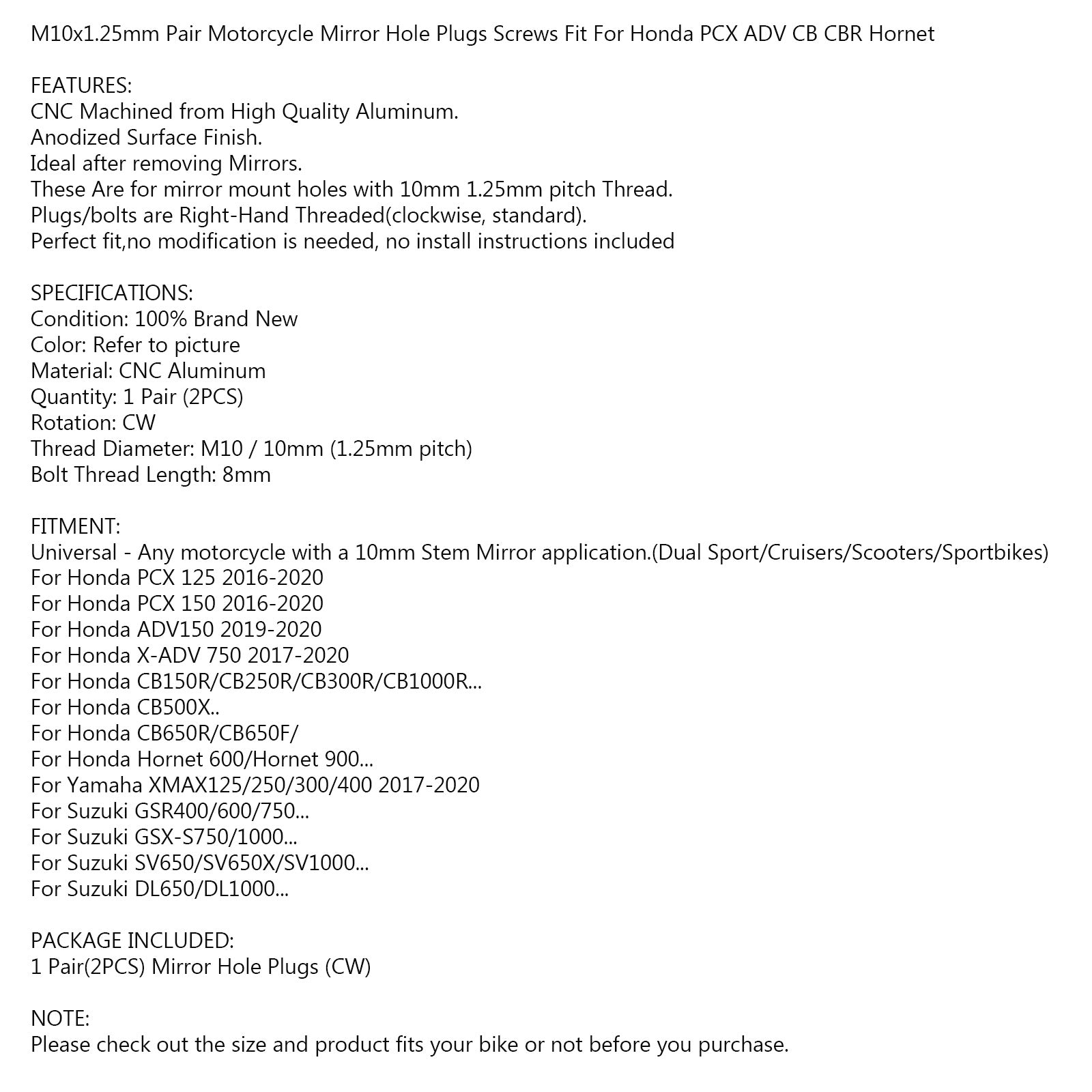 Zátky do zrkadlových otvorov M10x1,25 mm, čierne CNC hliníkové, pre Honda PCX 125 2016-2020 & PCX 150 2016 – 2020