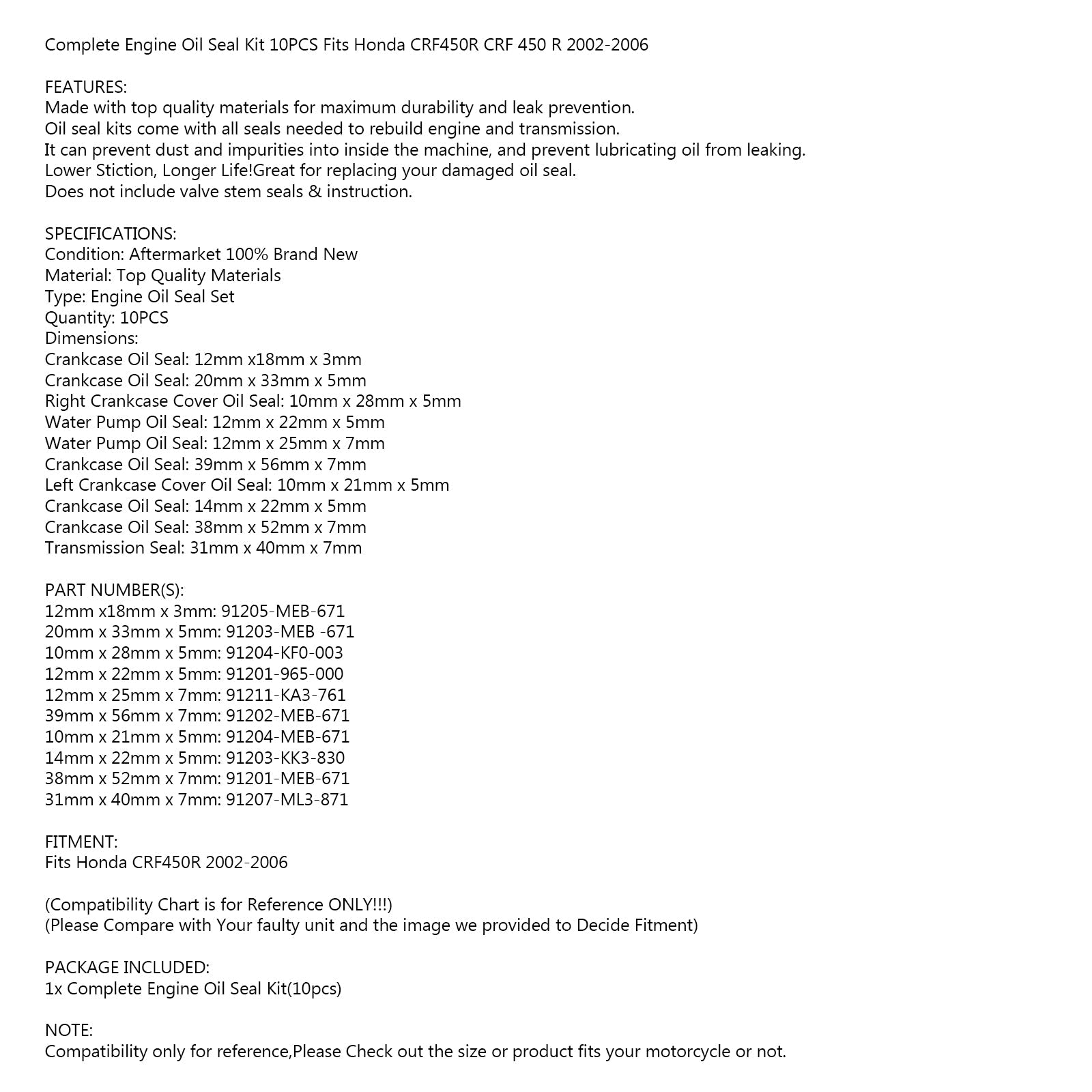 10st-motoroljetätningssats för Honda CRF450R CRF 450 2002-2006 2005 2004 2003 Generic