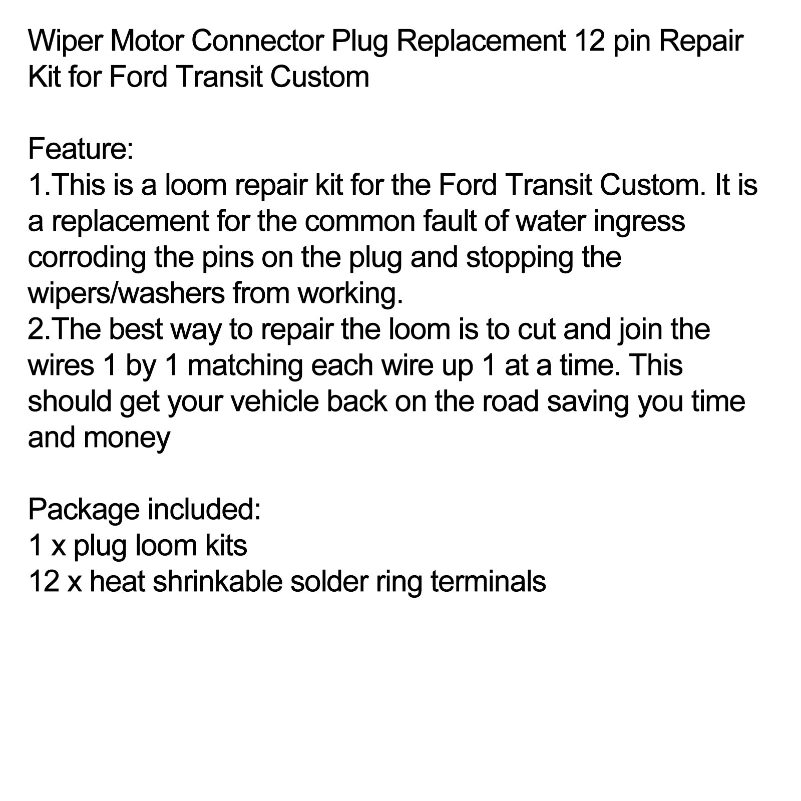 Visker Motor Connector Plug Replacement 12 Pin Reparasjonssett for Ford Transit Custom