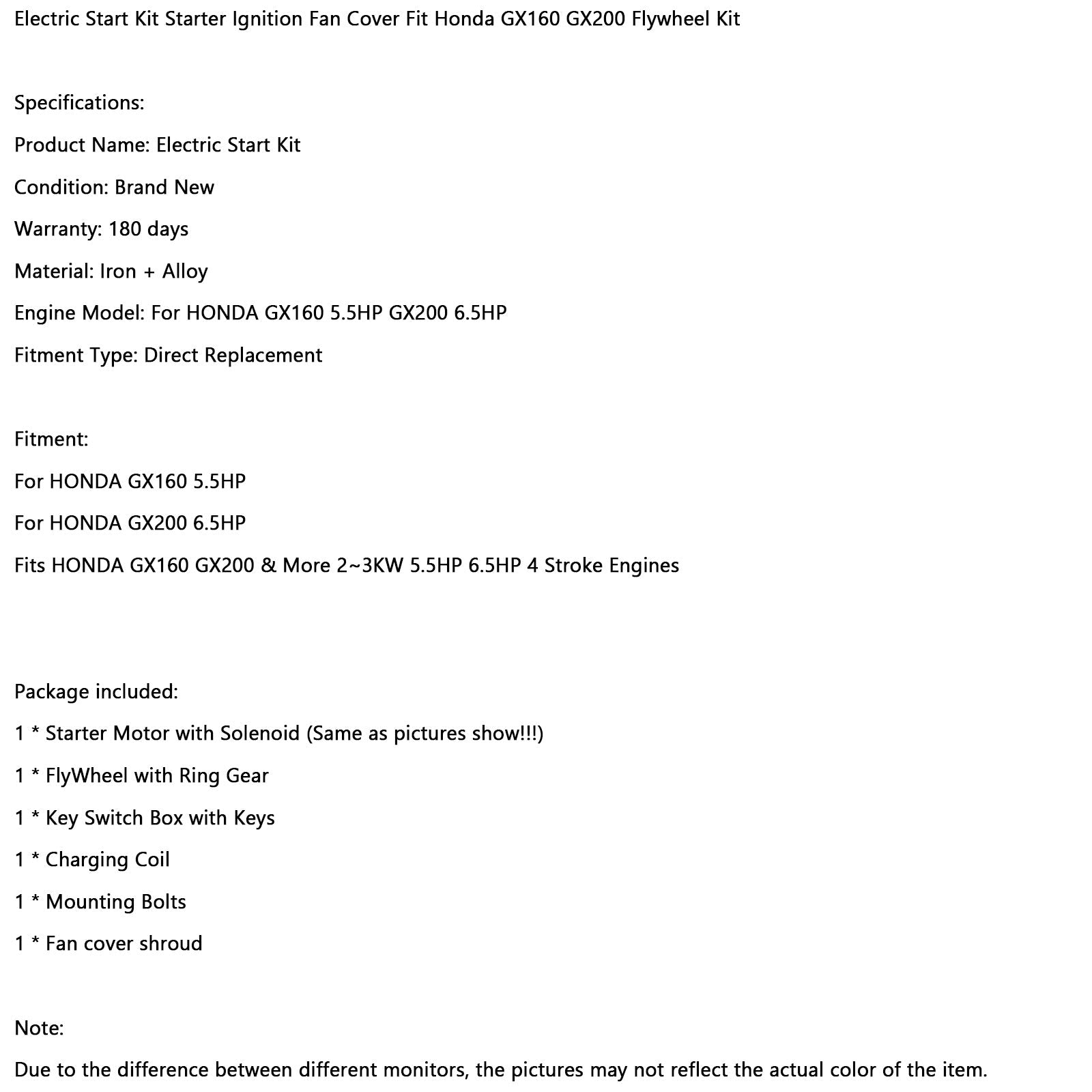 Kryt ventilátora zapaľovača Electric Start Kit Fit Honda GX160 5,5 HP GX200 6.5HP Súprava zotrvačníka