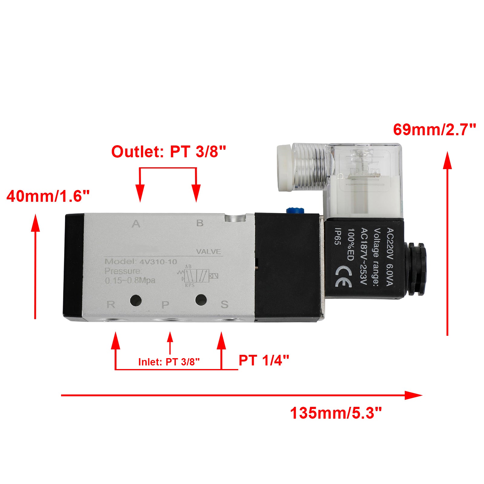 Électrovanne pneumatique électrique 4V310-10 2 positions 5 voies PT 3/8"