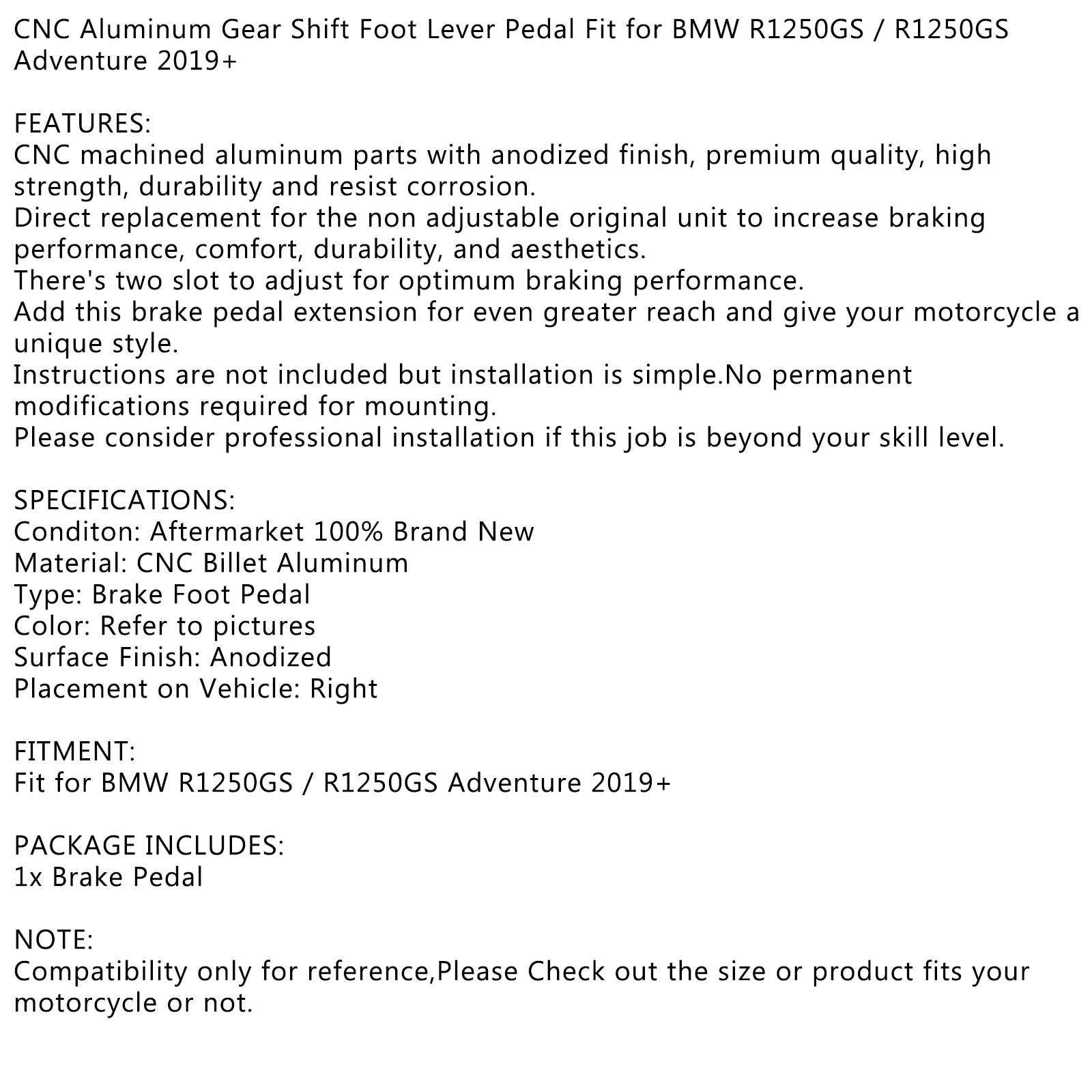 ALUMINIUM Zwart REMPEDAALHENDEL Geschikt voor BMW R1250GS, Adventure 2019+ Generiek