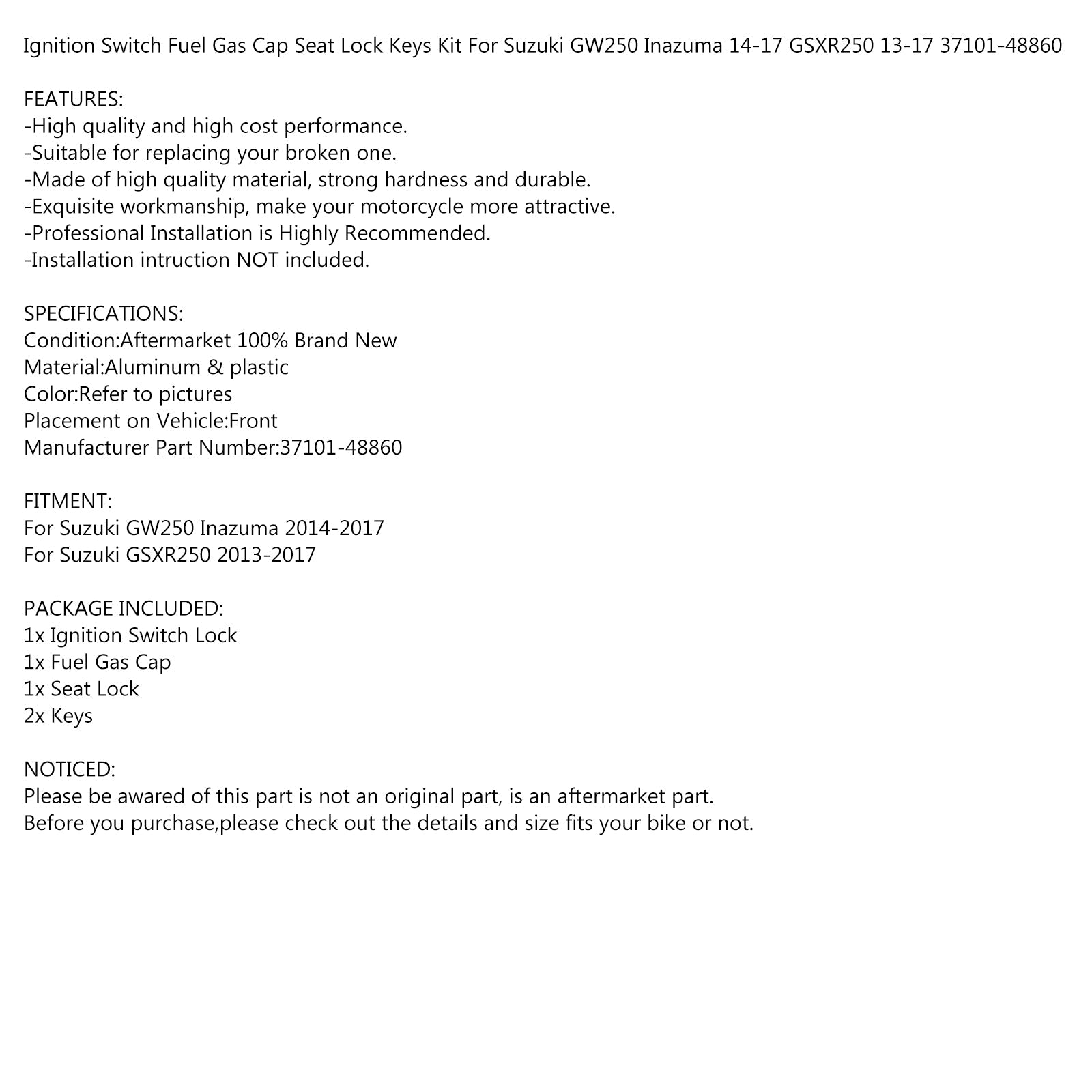 Contactslot Brandstoftankdop Slot Sleutels Voor Suzuki GW250 Inazuma/GSXR 250 13-17 Generiek