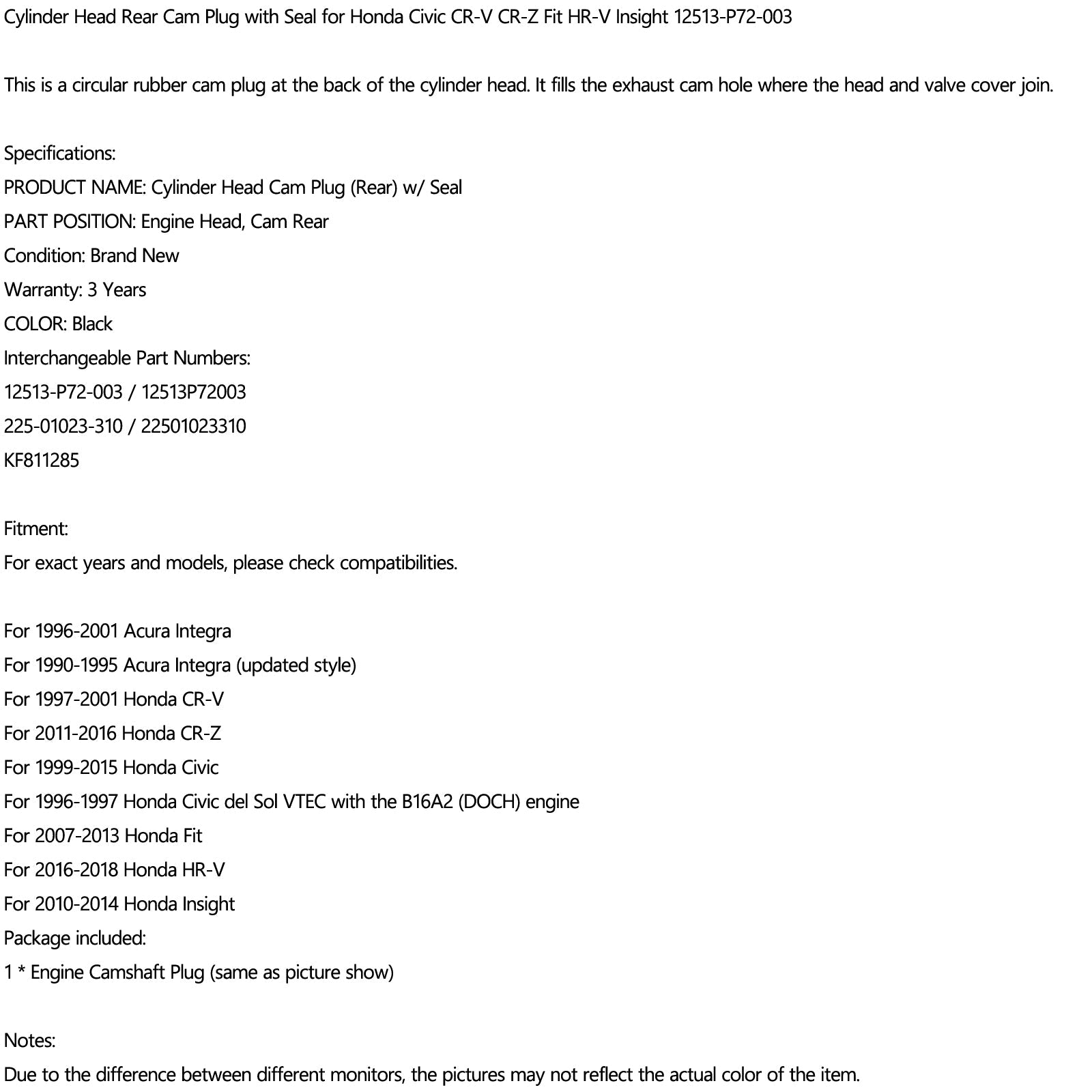 Sylinderhode bakkamplugg med tetning for Honda Civic CR-V CR-Z HR-V Insight Generic