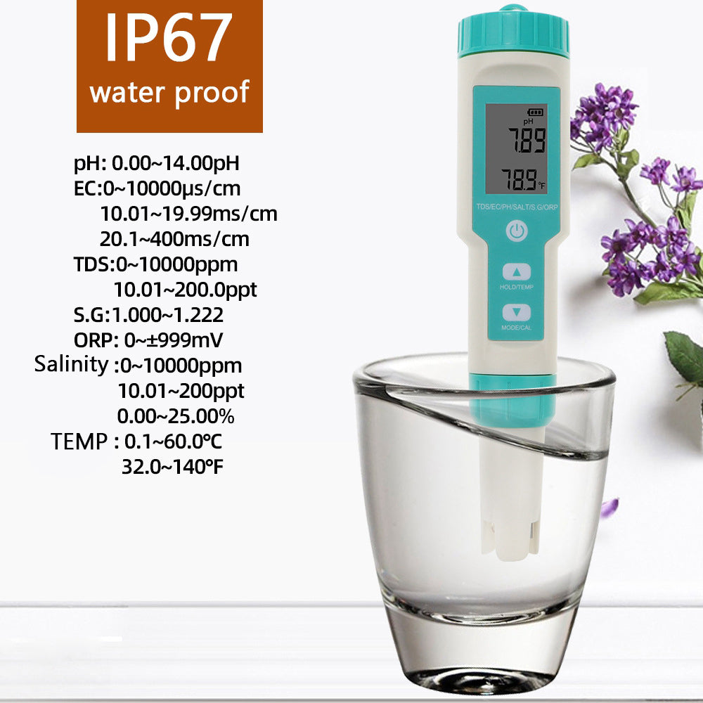 7-in-1 digitale zoutgehalte PH TDS TEMP SG EC ORP-tester Waterkwaliteitsmonitormeter