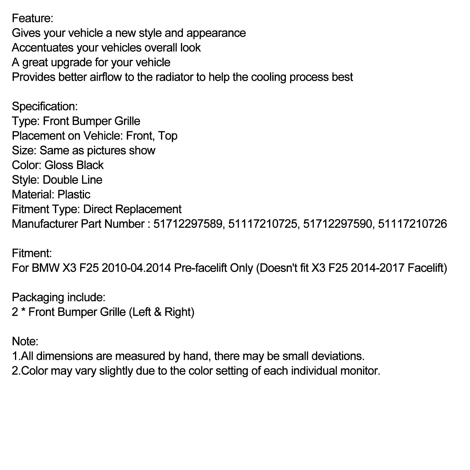 2011-2014 BMW X3 F25 Duálny lesk Čierny predný nárazník obličková mriežka mriežky