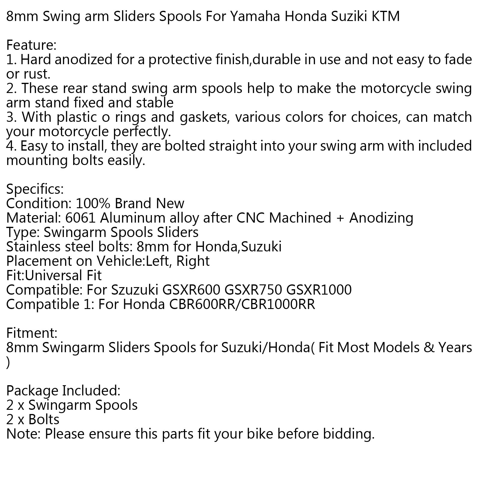1Pair 8mm Moto CNC Swingarm Swing Arm Spools Spool Sliders för Suzuki Honda