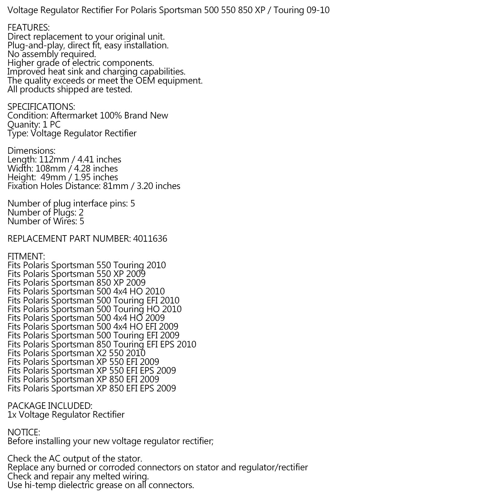 Réglementation de tension pour Polaris Sportsman XP 550 850 Touring EFI 2009 2010 4011636 générique