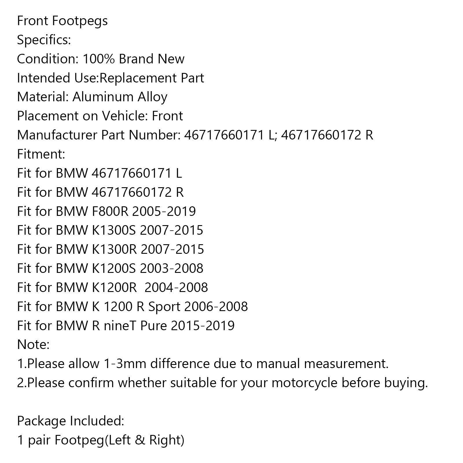 Front fotstøtter fotpinn for BMW F800R K1300S K1300R K1200S K1200R R NINT RUK GENERISK