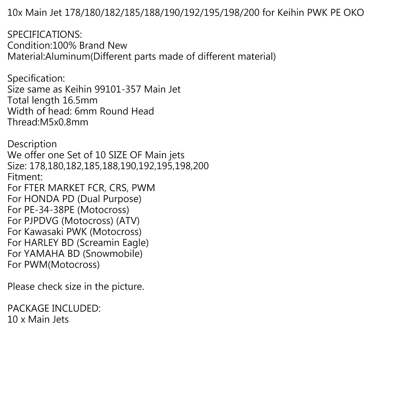 10x Main Jet 178/180/182/185/188/190/192/195/198/200 för Keihin Pwk PE Oko Generic