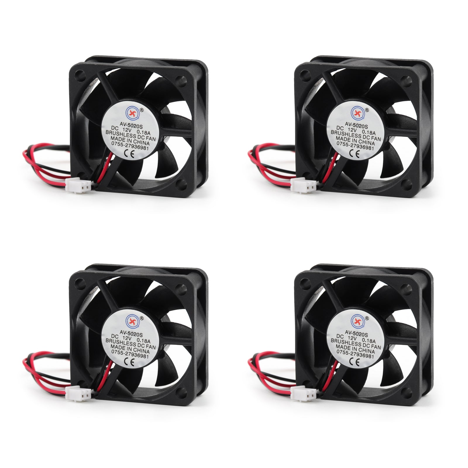 4PCS DC BRUSHLESS KJØLING PC COMPUTER FAN 12V 0.18A 5020S 50x50X20MM 2 PINS VANN