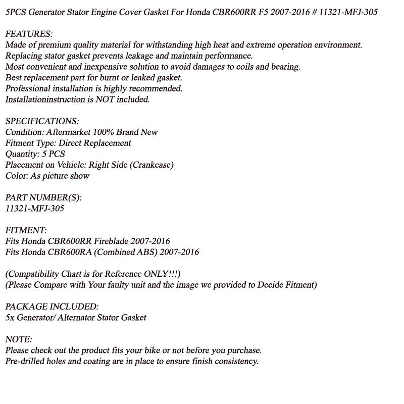 5 STKS STATOR PAKKING CARTER voor Honda CBR600RR CBR600RA 2006-2017 11321-MFJ-305 Generiek