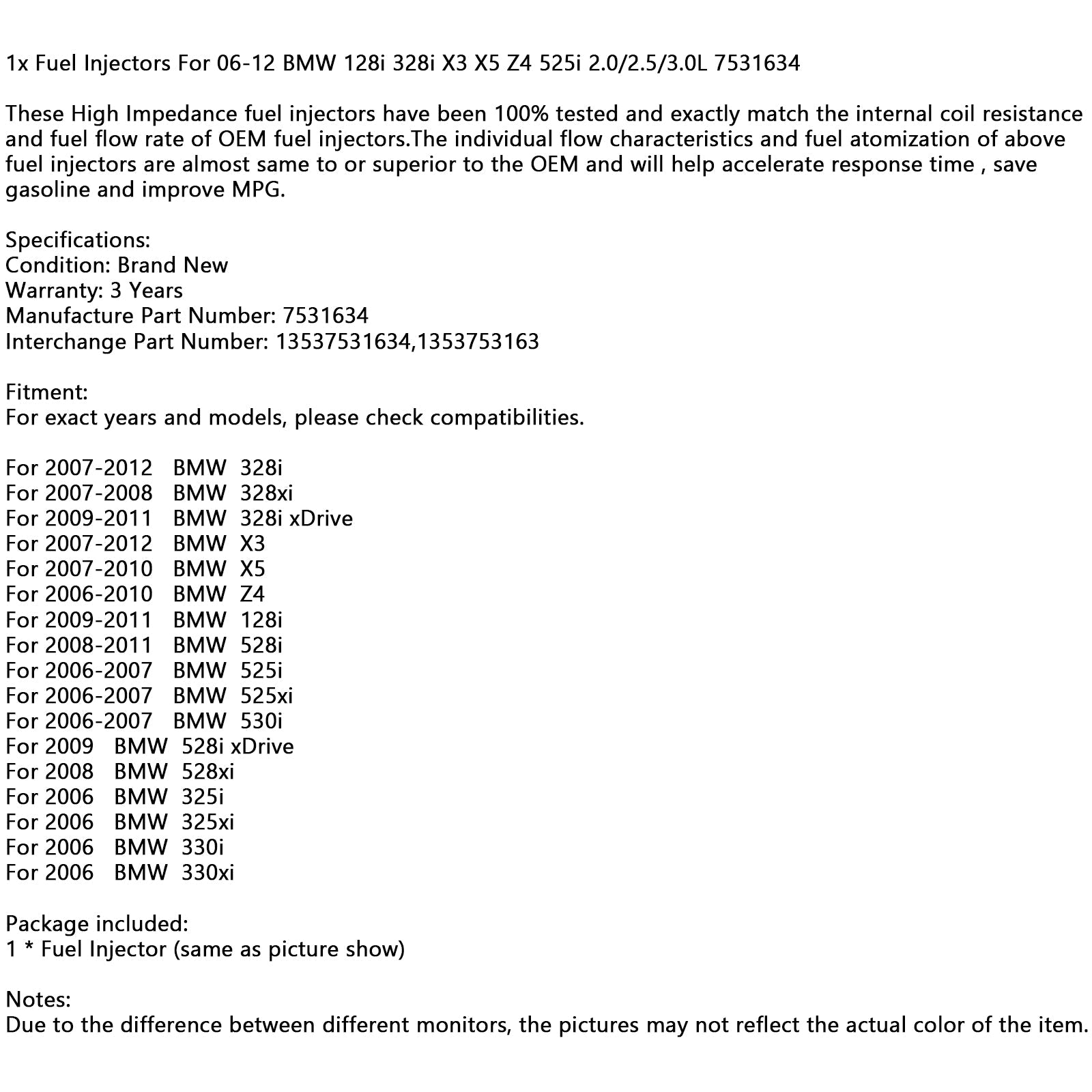 1x injetores de combustível para 06-12 BMW 128i 328i X3 X5 Z4 525i 2.0/2.5/3.0L 7531634 Genérico