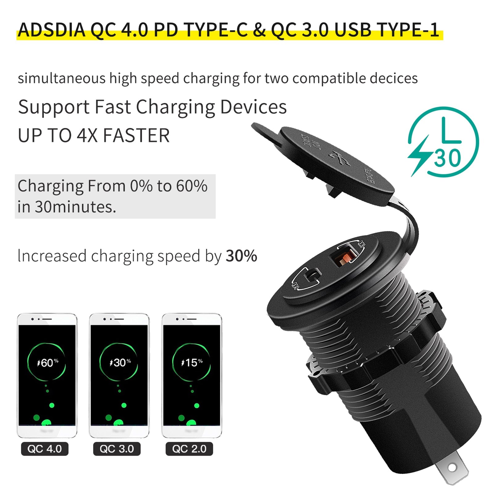60W Qc4.0 Telefoonoplaadbeugel Verlengbeugel voor motorrijwiel Zwart Generiek
