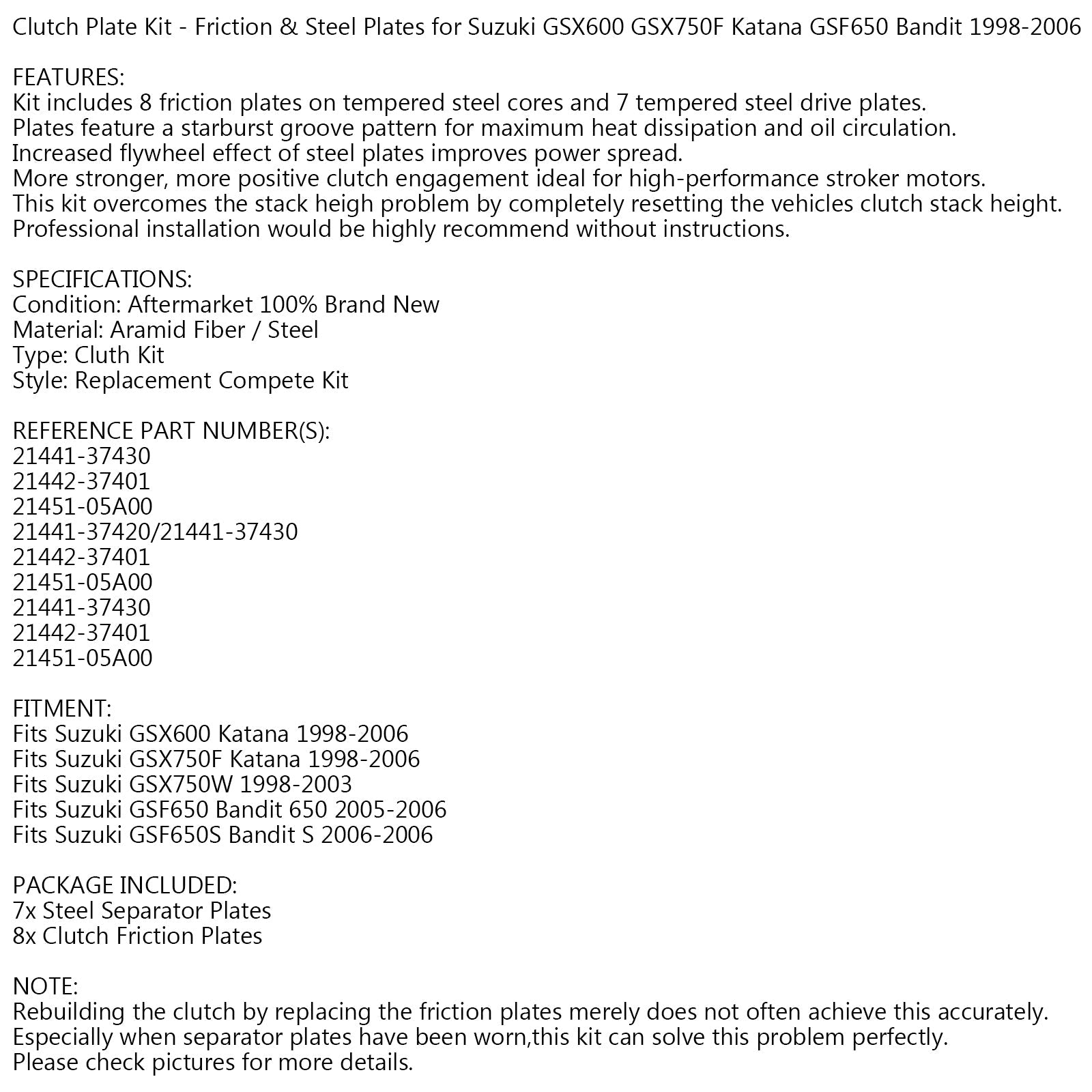 Kopplingssats stål & Friktionsplattor för Suzuki GSX 600 750 F GSF650 Bandit 98-06 Generisk