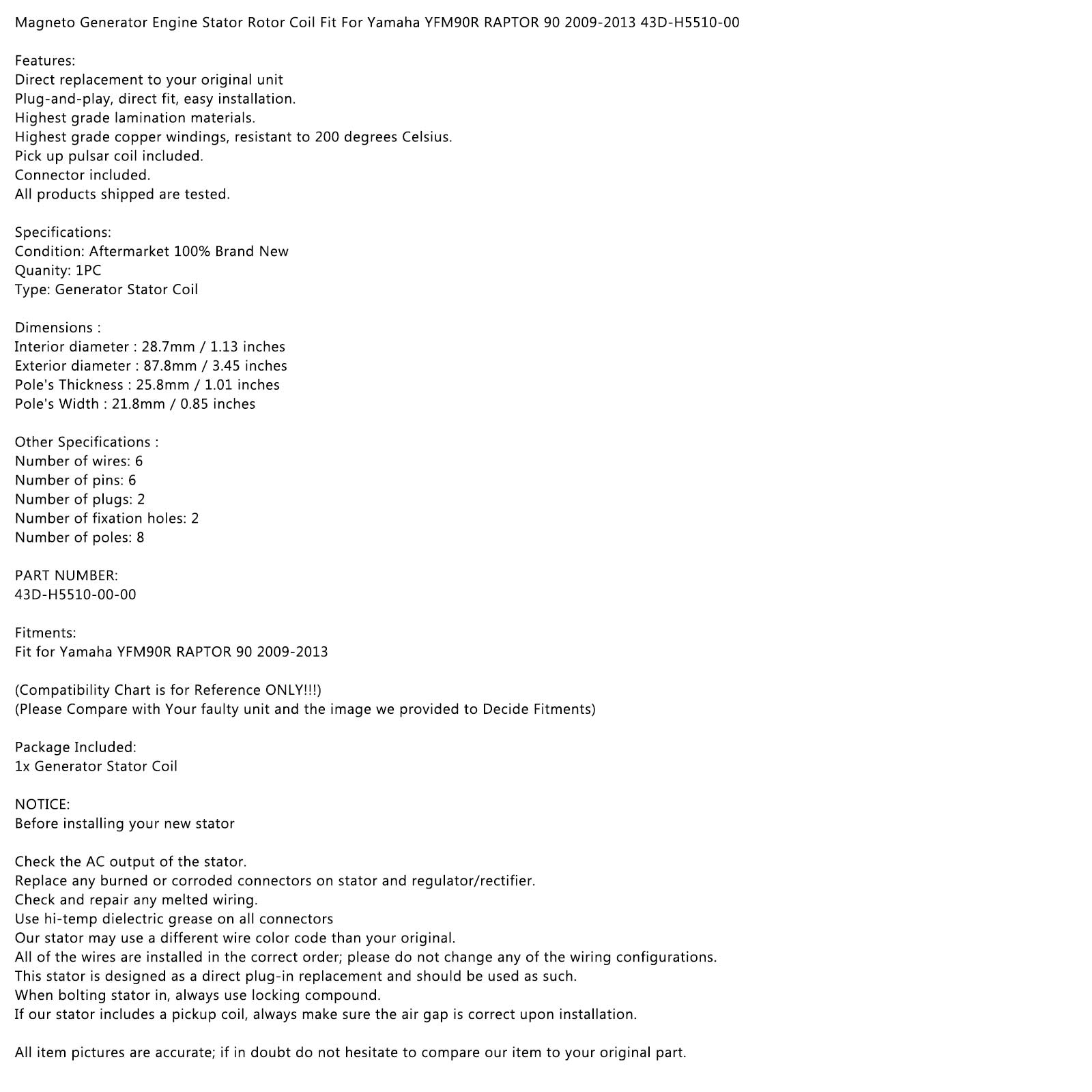 Areyourshop Stator de générateur magnéto adapté pour Yamaha YFM90R Raptor 90 ATV 09-13 43D-H5510-00