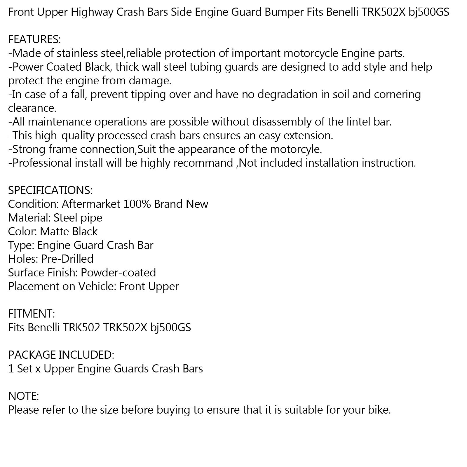 Chránič nárazníka pre diaľnicu Bar Motor Ochrana pre rok 2017-2020 Benelli Trk502 TRK502X Generic