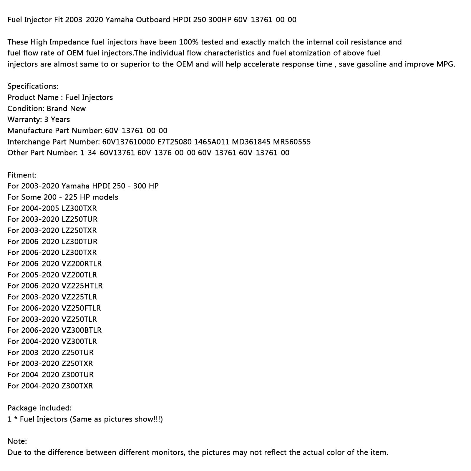 1PCS Fuel Injecteur Fit 2003-2020 Yamaha Outboard HPDI 250 300HP 60V-13761-00-00 générique