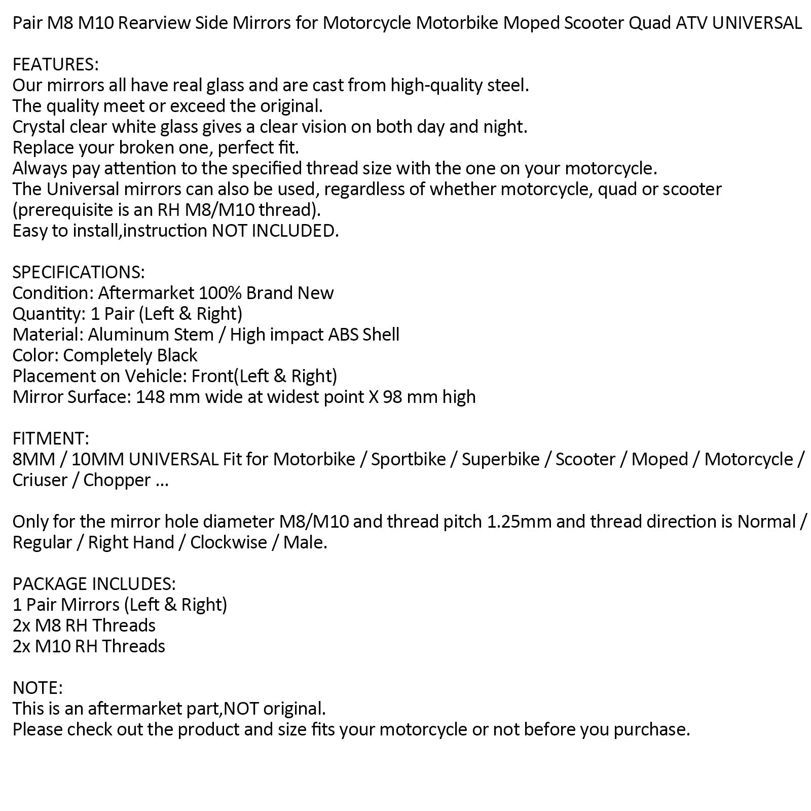 Par speil ny svart venstre høyre speil 8mm 10mm for motorsykkel motorsykkel generisk