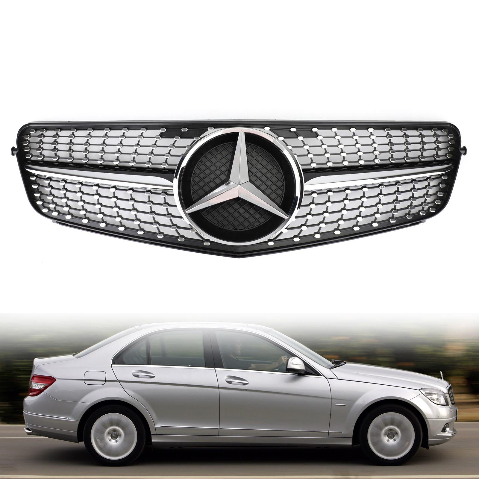 Benz Classe C 2008-2014 W204 Grille de calandre avant chromée noire diamantée générique pour C180/C200/C230/C250/C280/C300/C350