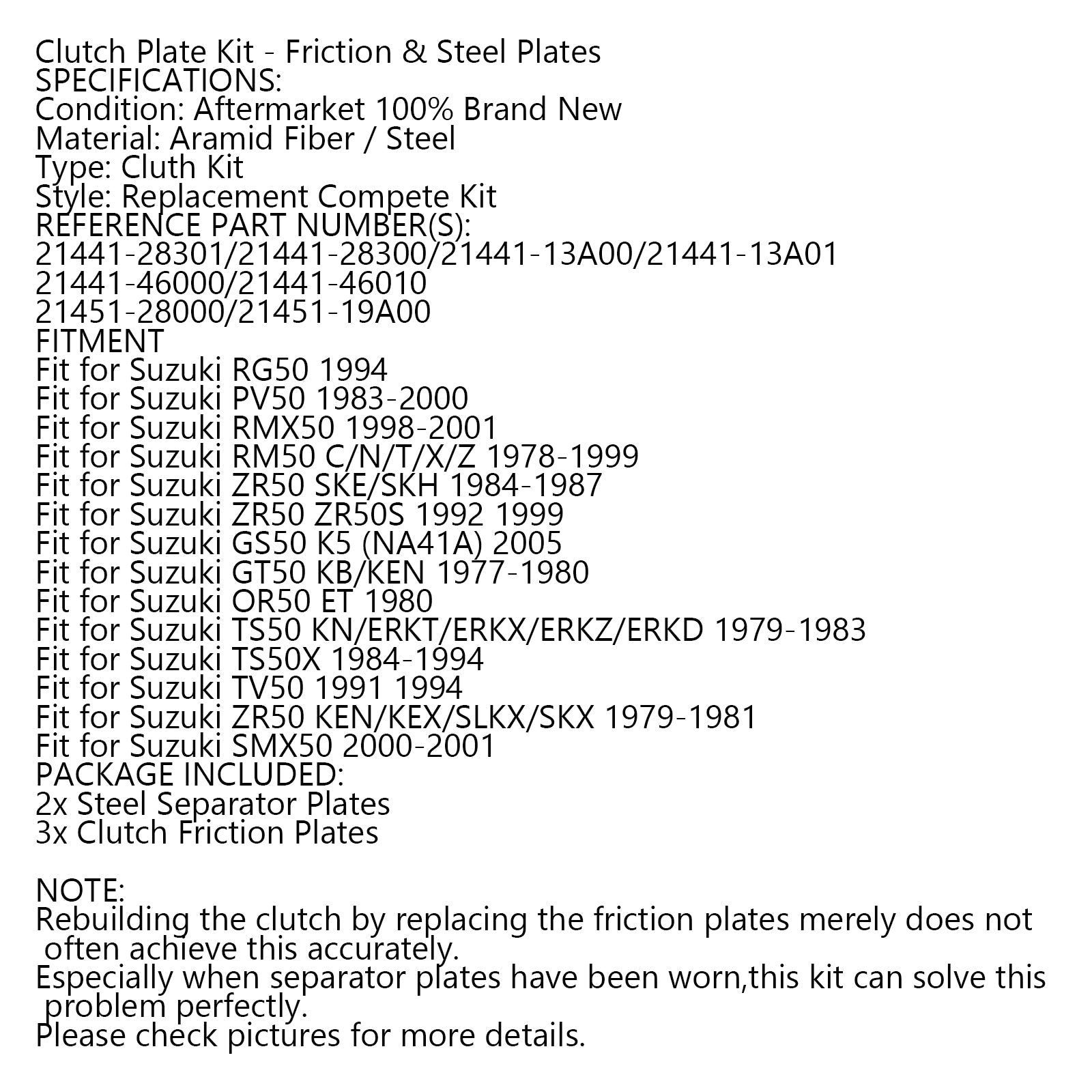 Kit d'embrayage en acier & Plaques de friction pour Suzuki PV50 RMX50 ZR50 TS50 SMX50 Générique