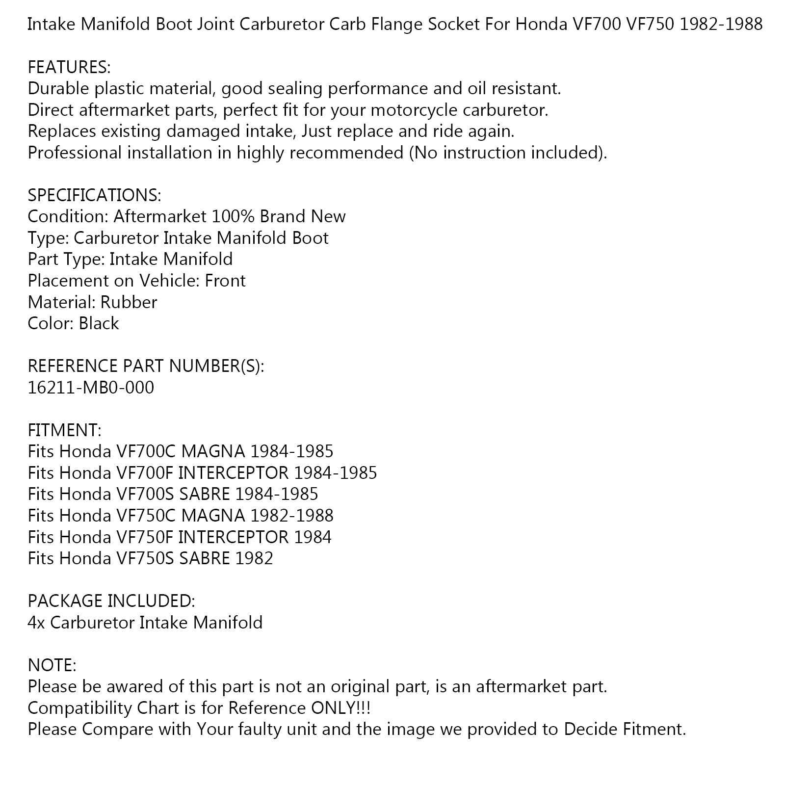 Sacie potrubie karburátorové topánky pre Honda VF700 750 F C S V45 16211-MB0-000 Generic