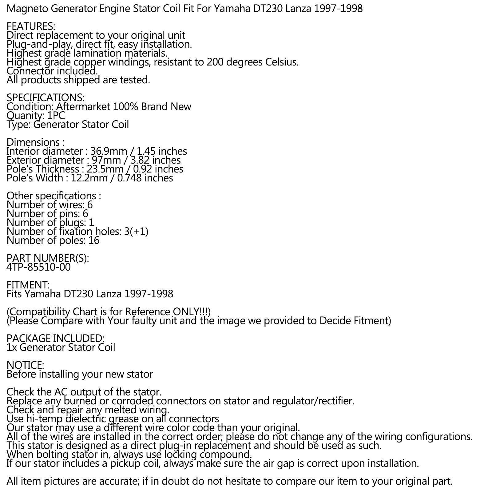Stator magnéto d'alternateur pour Yamaha DT230 DT 230 Lanza 1997 1998 générique