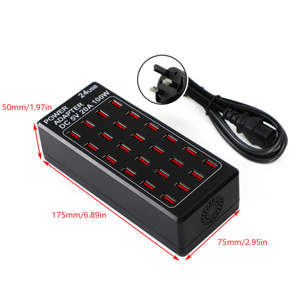 100W 24 (20A) Port USB Rýchle nabíjanie stanice Travel Desktop Rapid nabíjačka UK Plug