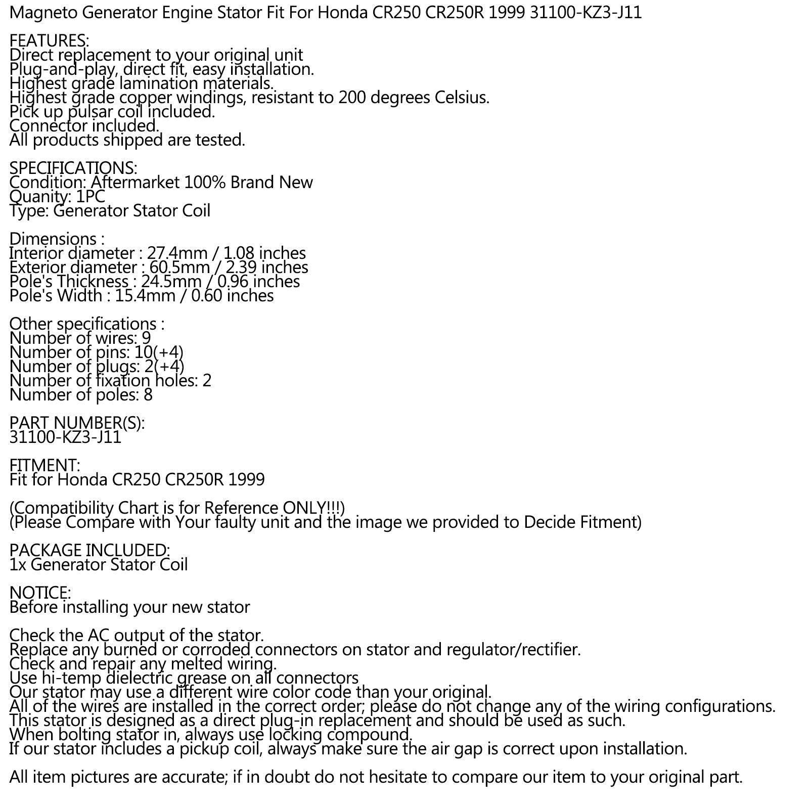 Areyourshop Stator Generator Generator Fit for Honda CR250 CR 250 R 1999