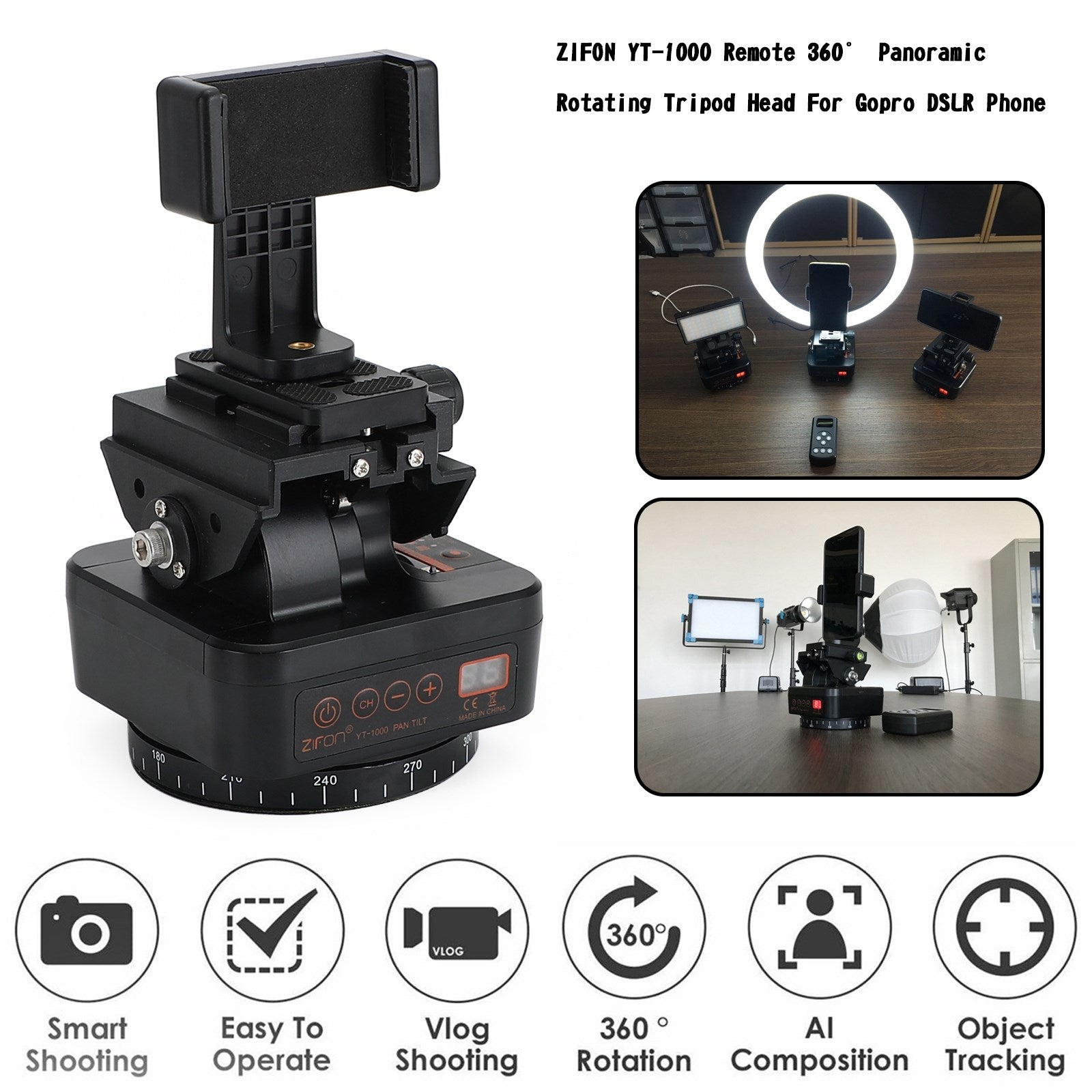 ZIFON YT-1000 Remote 360掳 Panoramic Rotating Tripod Head For Gopro DSLR Phone
