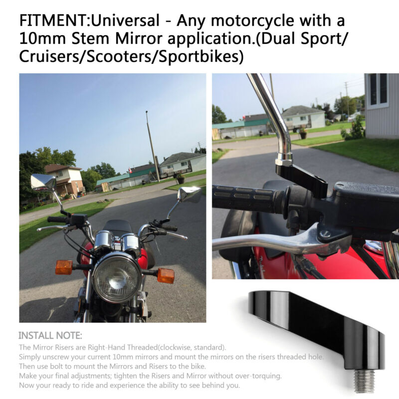 Pair ALU Motorcycle Mirror Extenders-Riser-Extension Black 10mm Fit for Honda